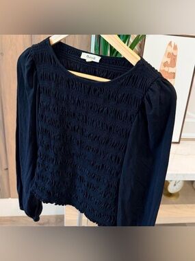 Madewell Black Smocked Square-Neck Long Sleeve Top